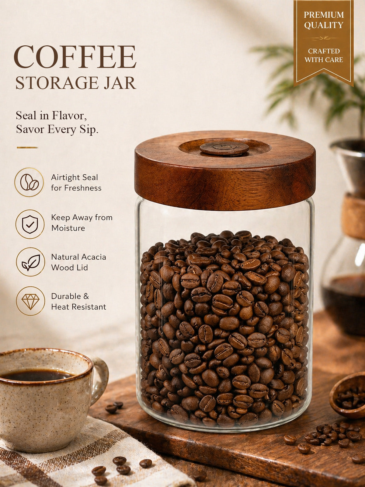 Tourdeus Coffee Canister, 9oz Airtight Glass Storage Jar with Wooden Lid, One way CO₂ valve helps keep beans fresh, thick glass jar for coffee beans, grounds, tea, sugar, spices, and countertop decor