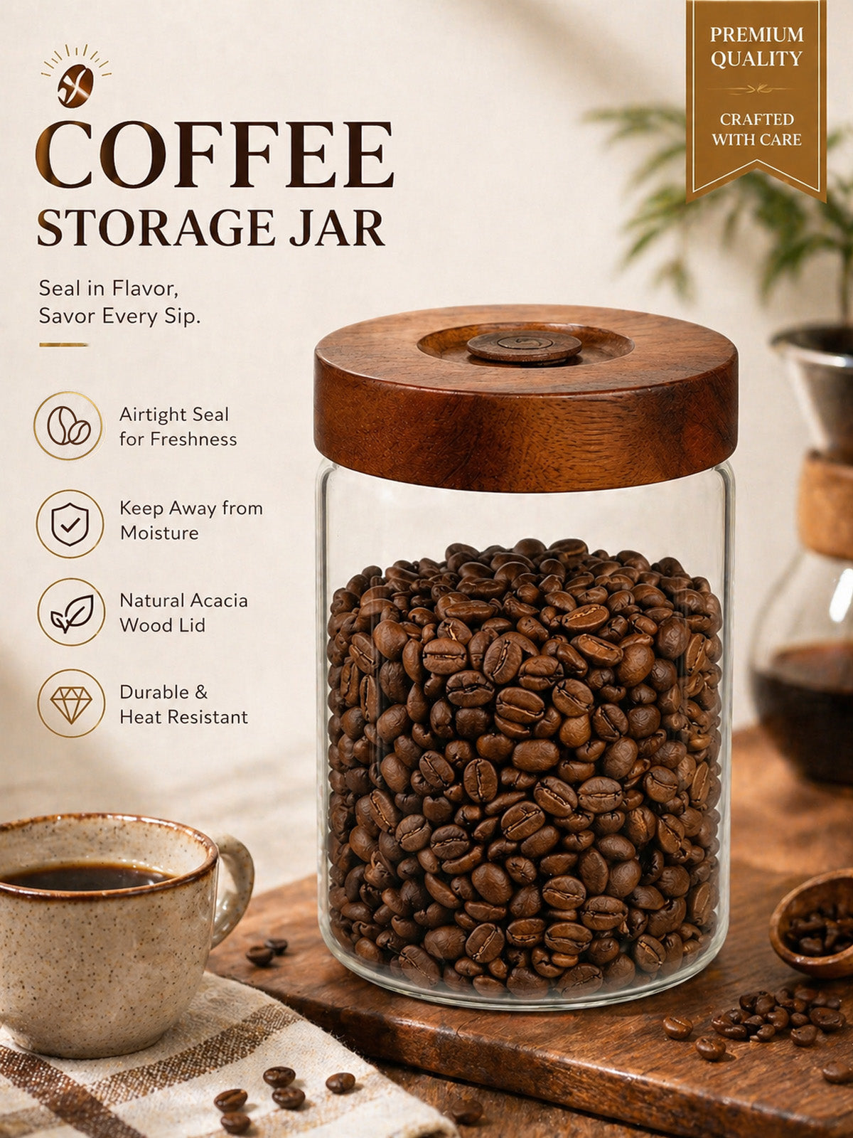 Tourdeus Coffee Canister, 9oz Airtight Glass Storage Jar with Wooden Lid, One way CO₂ valve helps keep beans fresh, thick glass jar for coffee beans, grounds, tea, sugar, spices, and countertop decor