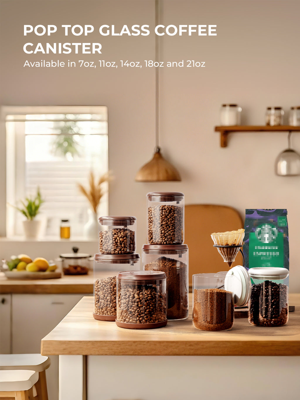 Tourdeus Airtight Coffee Canister, 13 oz Borosilicate Glass Coffee Bean Storage Container with Pop Lid, CO2 Releasing Valve for Grounds Coffee, Beans, Sugar, 0.81lb