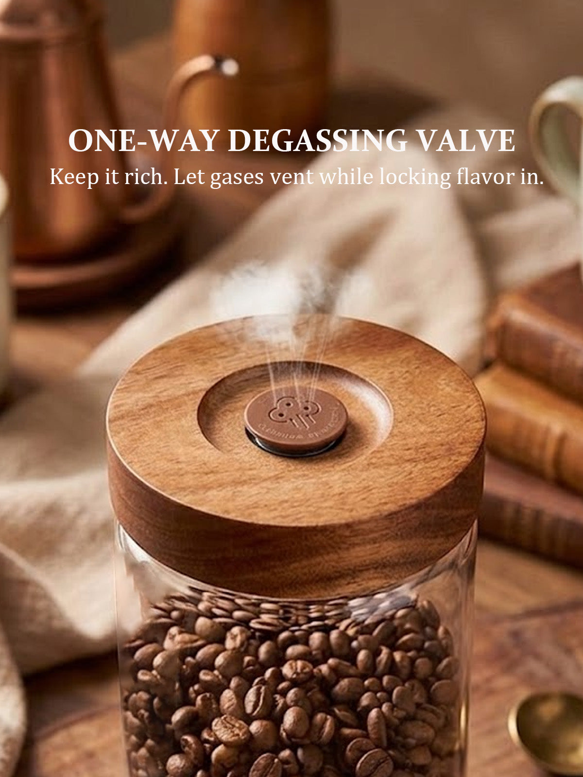 Tourdeus Coffee Canister, 9oz Airtight Glass Storage Jar with Wooden Lid, One way CO₂ valve helps keep beans fresh, thick glass jar for coffee beans, grounds, tea, sugar, spices, and countertop decor