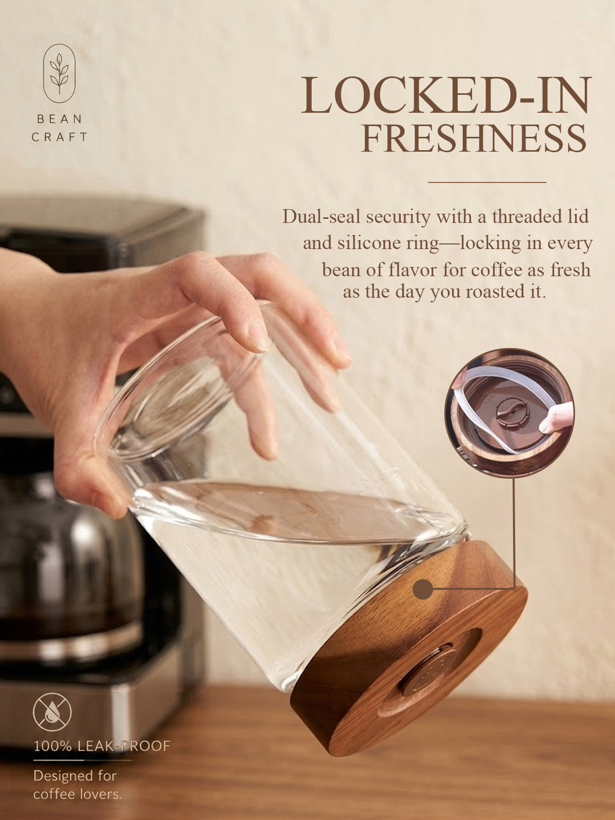 Tourdeus Coffee Canister, 9oz Airtight Glass Storage Jar with Wooden Lid, One way CO₂ valve helps keep beans fresh, thick glass jar for coffee beans, grounds, tea, sugar, spices, and countertop decor