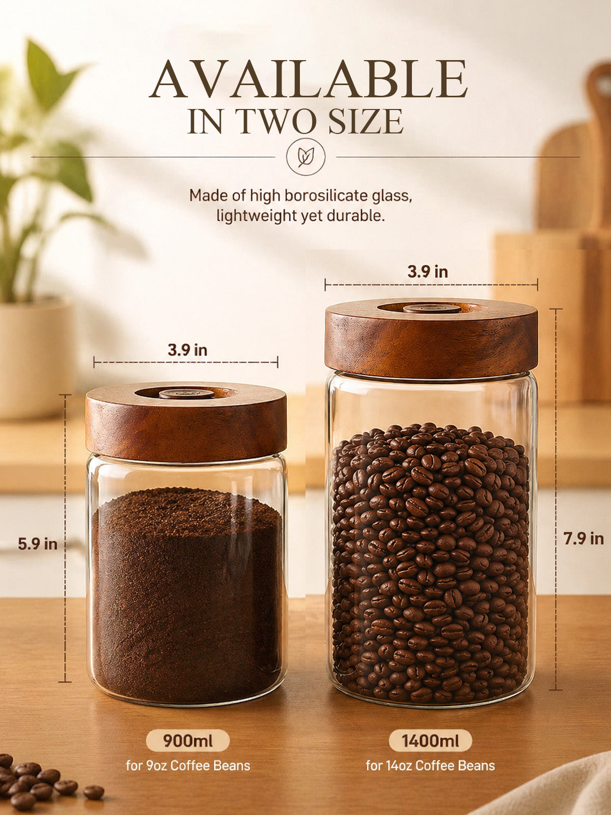 Tourdeus Coffee Canister, 9oz Airtight Glass Storage Jar with Wooden Lid, One way CO₂ valve helps keep beans fresh, thick glass jar for coffee beans, grounds, tea, sugar, spices, and countertop decor