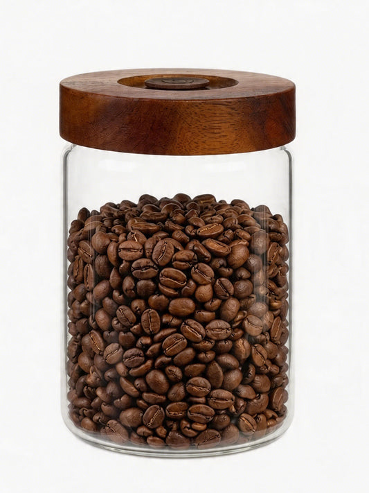 Tourdeus Coffee Canister, 9oz Airtight Glass Storage Jar with Wooden Lid, One way CO₂ valve helps keep beans fresh, thick glass jar for coffee beans, grounds, tea, sugar, spices, and countertop decor
