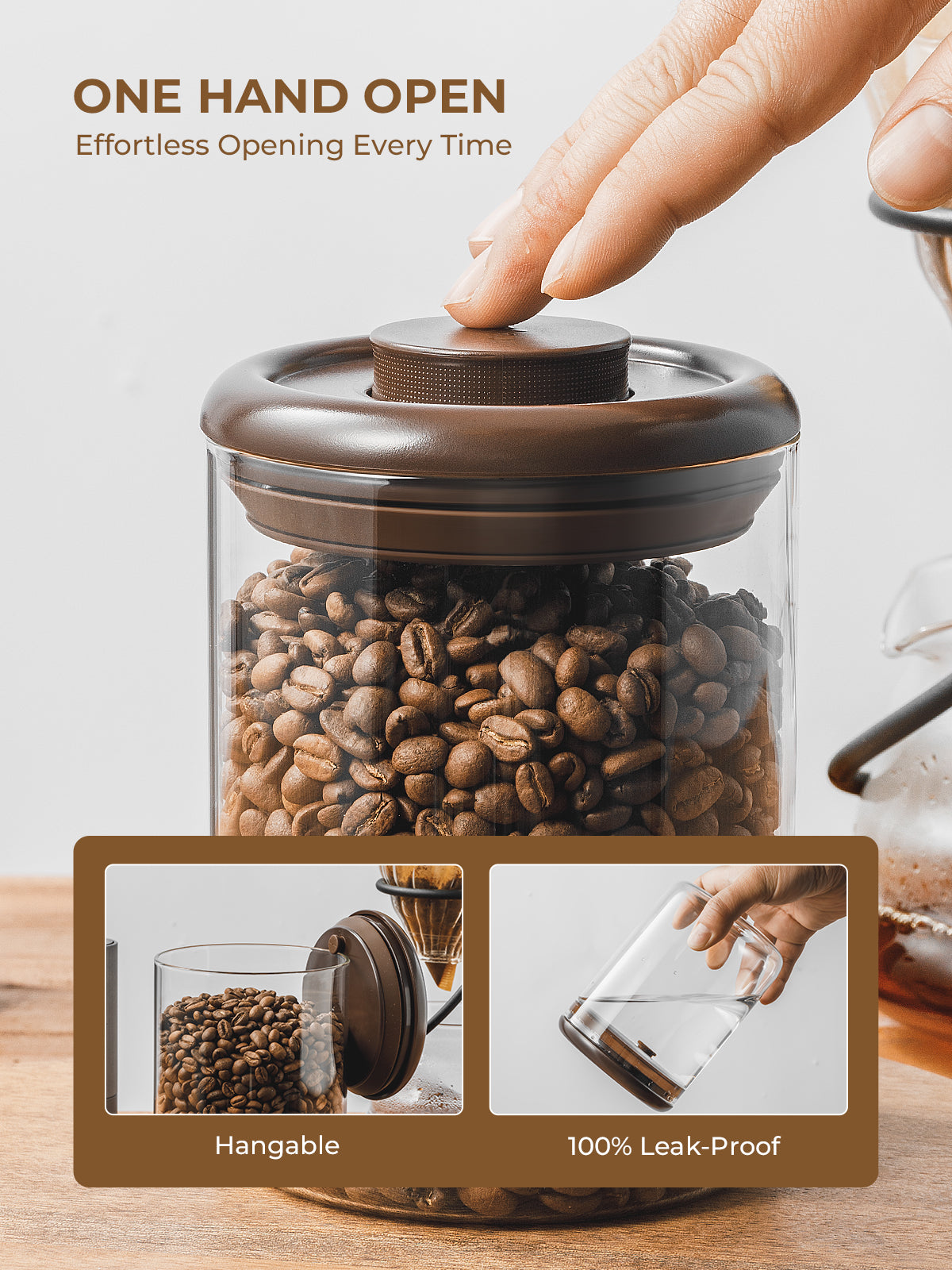 Tourdeus Airtight Coffee Canister, 13 oz Borosilicate Glass Coffee Bean Storage Container with Pop Lid, CO2 Releasing Valve for Grounds Coffee, Beans, Sugar, 0.81lb