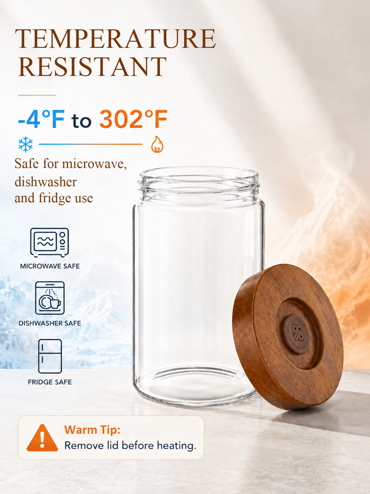 Tourdeus Coffee Canister, 9oz Airtight Glass Storage Jar with Wooden Lid, One way CO₂ valve helps keep beans fresh, thick glass jar for coffee beans, grounds, tea, sugar, spices, and countertop decor
