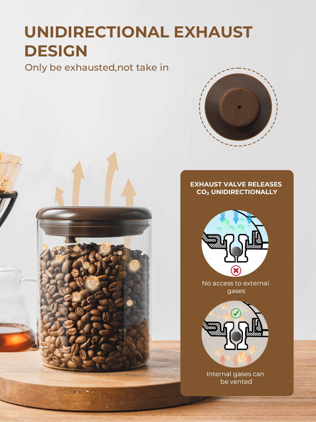 Tourdeus Airtight Coffee Canister, 13 oz Borosilicate Glass Coffee Bean Storage Container with Pop Lid, CO2 Releasing Valve for Grounds Coffee, Beans, Sugar, 0.81lb