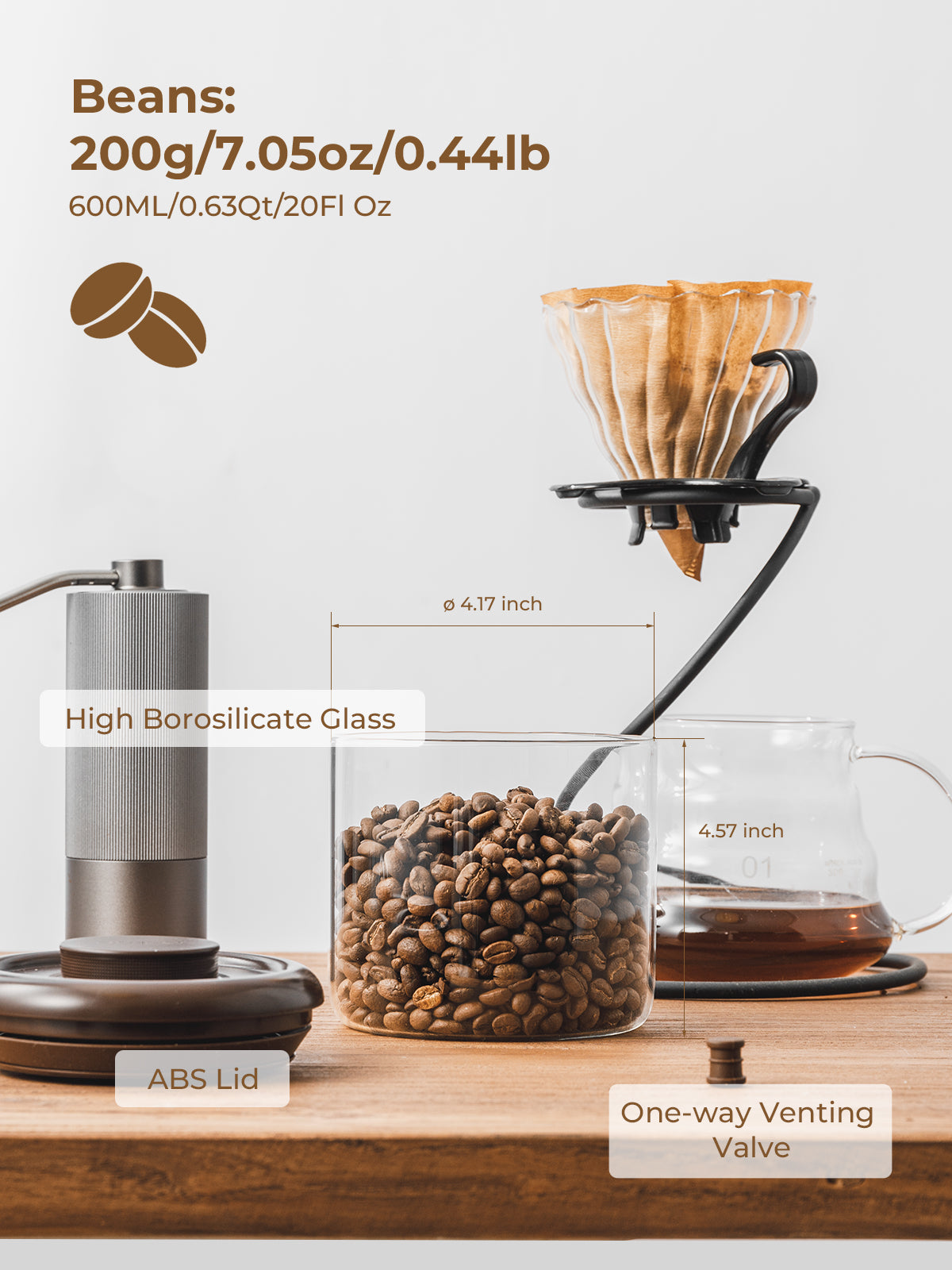 Tourdeus Airtight Coffee Canister, 13 oz Borosilicate Glass Coffee Bean Storage Container with Pop Lid, CO2 Releasing Valve for Grounds Coffee, Beans, Sugar, 0.81lb